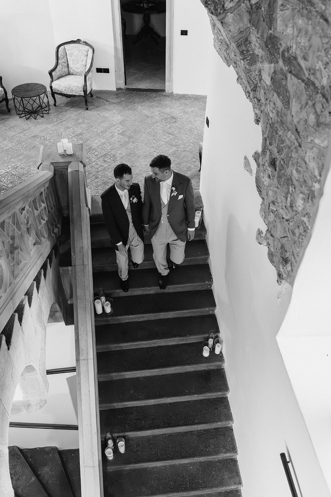Simon and Dima descend the castle stairs